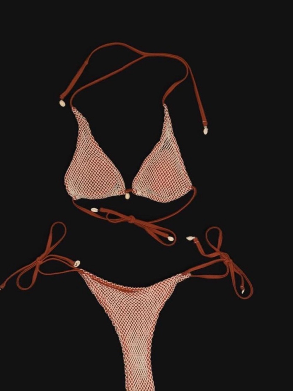 Shell-Embellished Rust Mesh Triangle Bikini - Women Swim Size 4